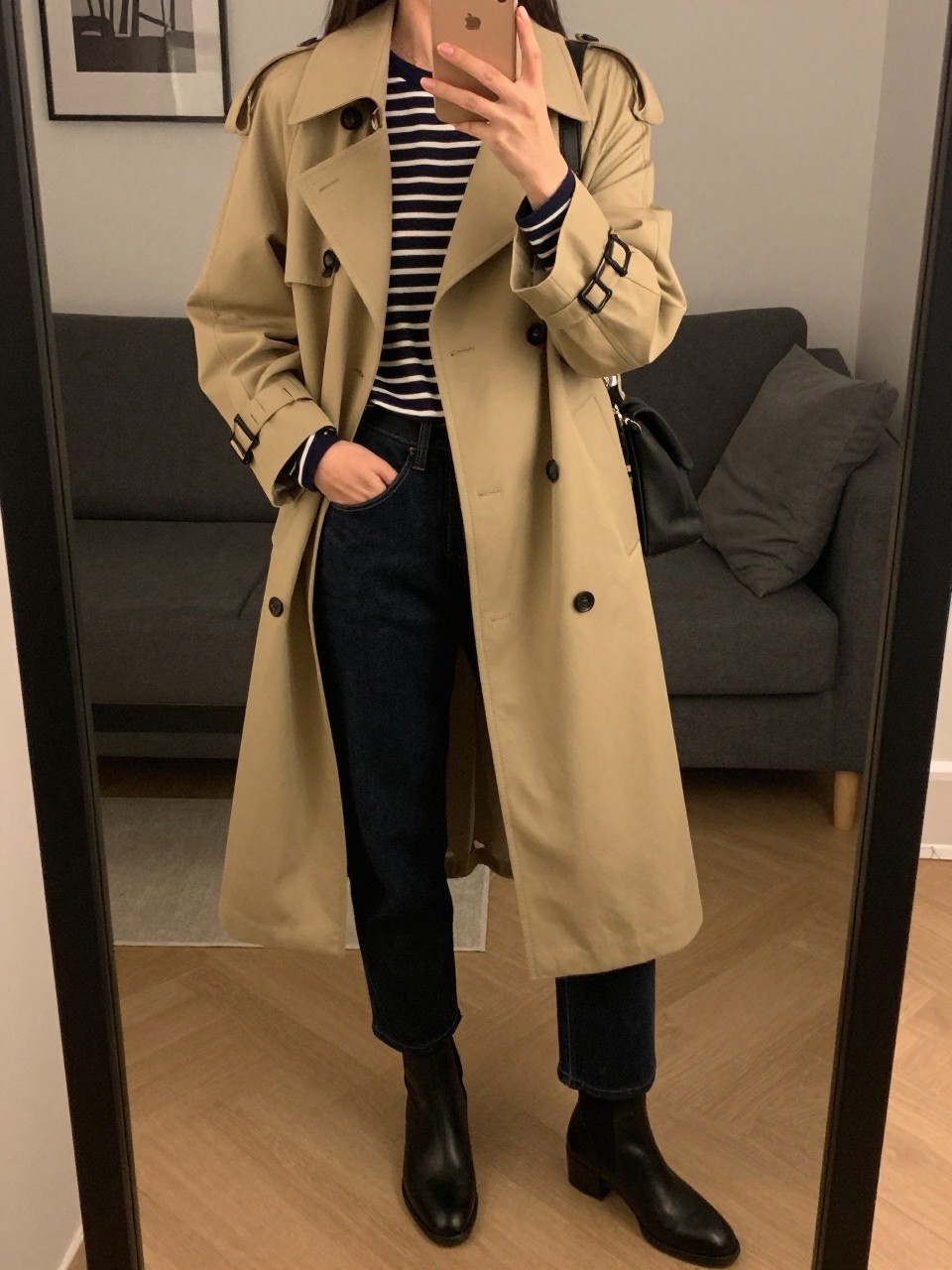iPhone mirror selfie of a woman wearing a beige trench coat over a navy striped top and dark jeans, ankle boots on her feet, standing with one hand in her pocket and phone in the other, cropped at NECK so face doesn't show, in a city apartment, warm moody lighting, iPhone photo quality.