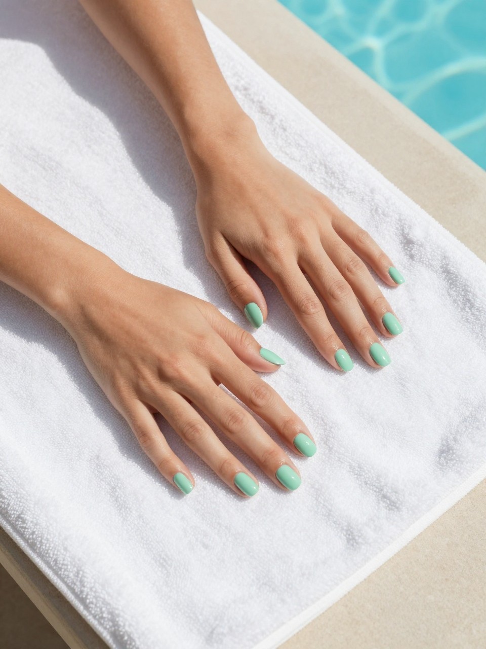  Overhead shot of hands resting on a clean, white poolside towel. The nails are very short and oval, painted a flat, matte mint green. The setting is a minimalist pool deck, shadows sharp in the sun.