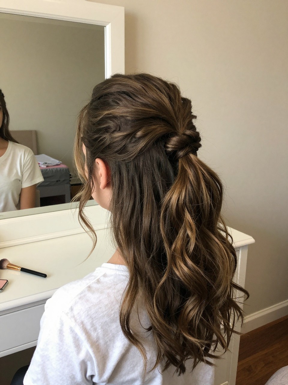 Photo of a american teen girl wearing a half-up bubble ponytail, back-of-head view, setting: a bedroom with a vanity and mirror, lighting: soft indoor lighting, containing a makeup brush resting on the vanity, iPhone photo quality.