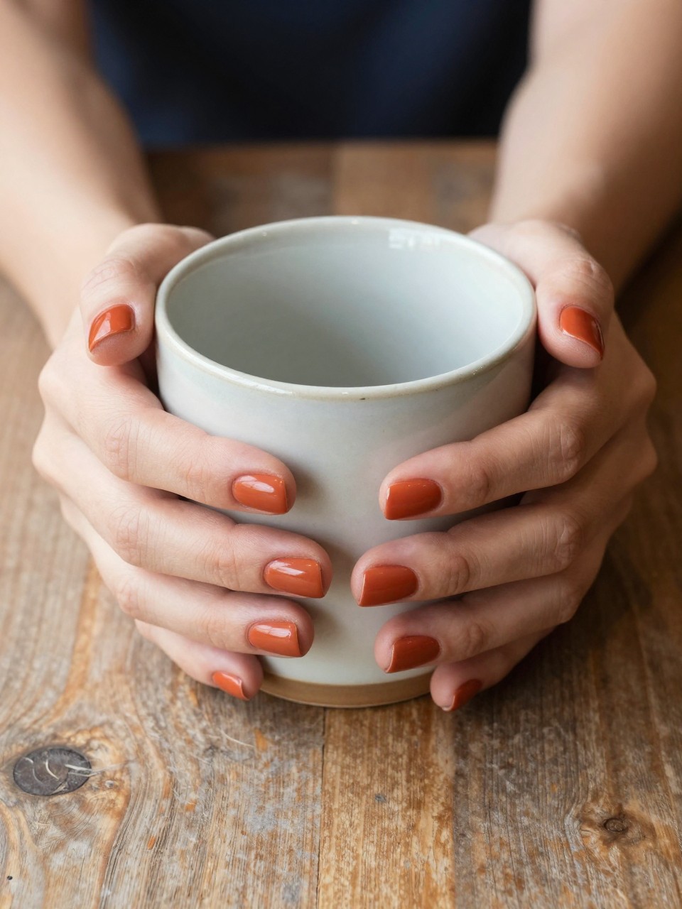 Top-down view of hands holding a ceramic souvenir mug. The short, rounded nails are a matte terracotta orange. Only the very tips are glossy and shiny. The setting is a rustic café table in natural light.