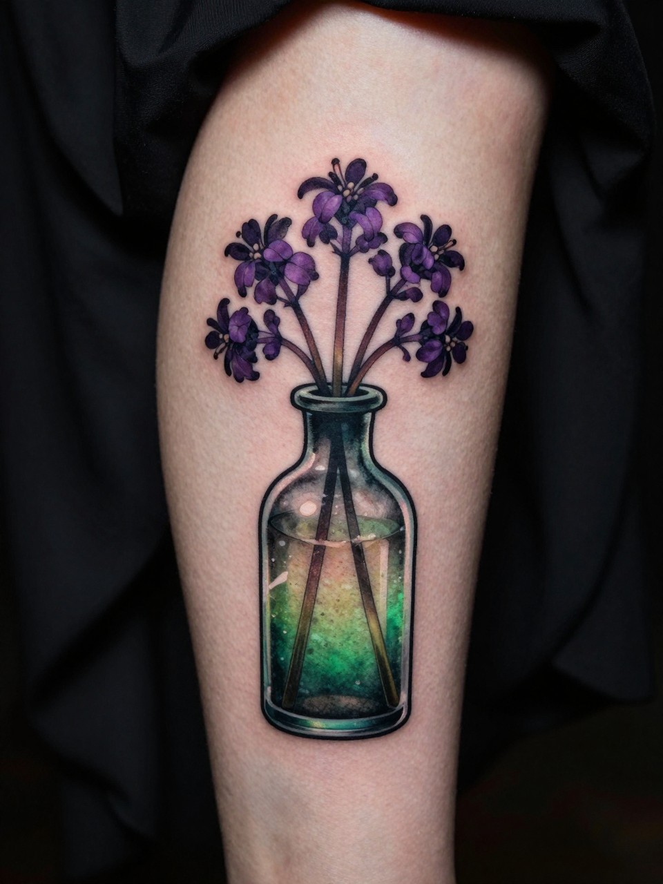 Extreme close-up of a poison bottle tattoo on the calf. The bottle is detailed vintage glass in greens and blacks, with dark purple nightshade flowers blooming from the top. She's wearing a flowing black dress. Dramatic, shadowy lighting, dangerous and beautiful aesthetic.