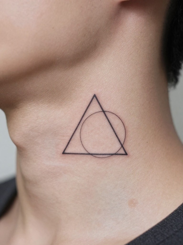"Close-up of a small, precise geometric tattoo (e.g., an overlapping triangle and circle) at the base of the neck. Sharp lines, no shading, captured with a minimalist aesthetic."