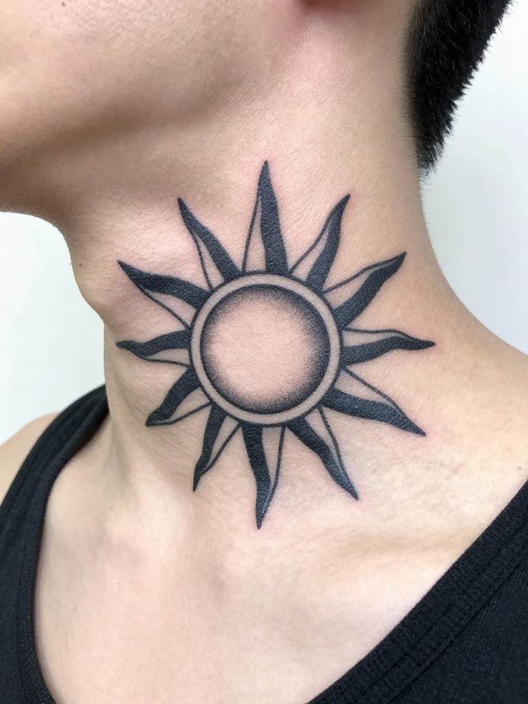 Extreme close-up of a geometric sun tattoo on the side of the neck. The sharp, black rays are the clear focal point against the skin. He is wearing a simple, black tank top strap visible. Bright, overhead light that creates minimal shadows, emphasizing the geometry.