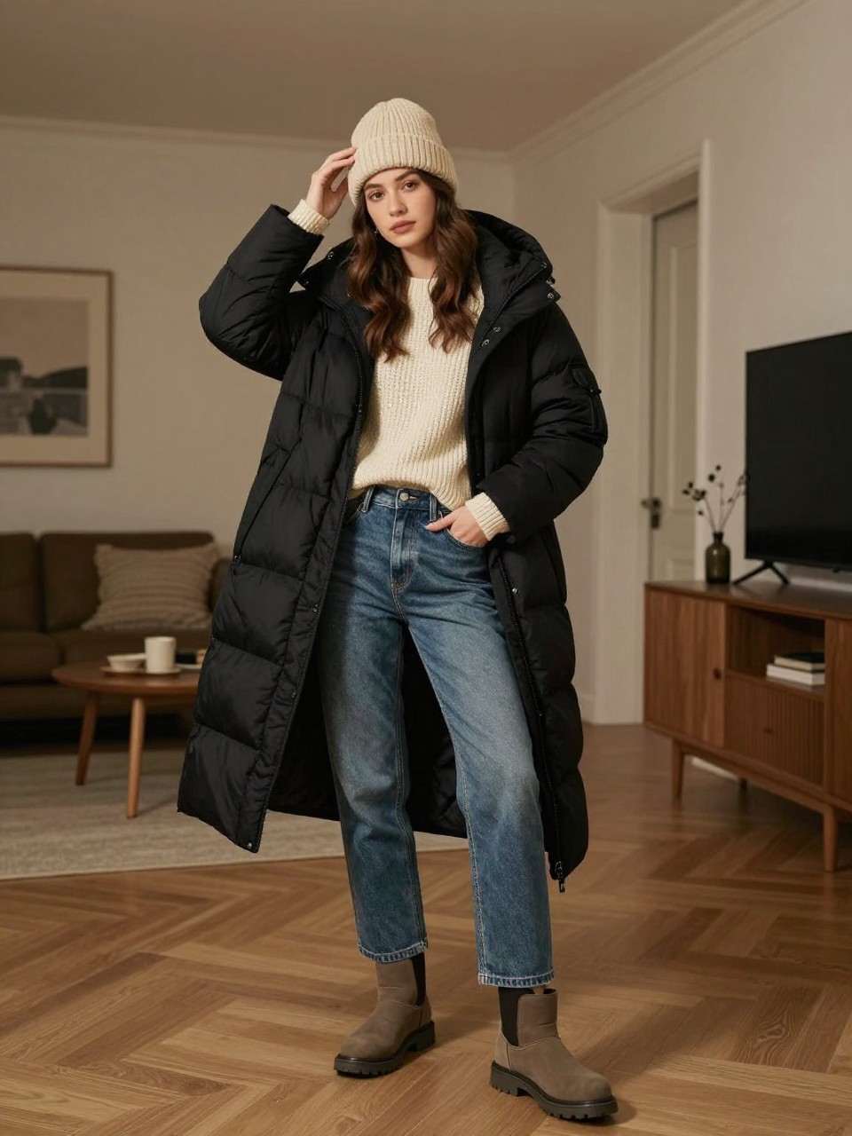 full outfit check picture of a woman wearing the long black puffer coat open over a cream chunky sweater and straight-leg jeans with insulated boots, holding a knit beanie, posed with her hand in her coat pocket, in a city apartment with warm moody lighting, iPhone photo quality.