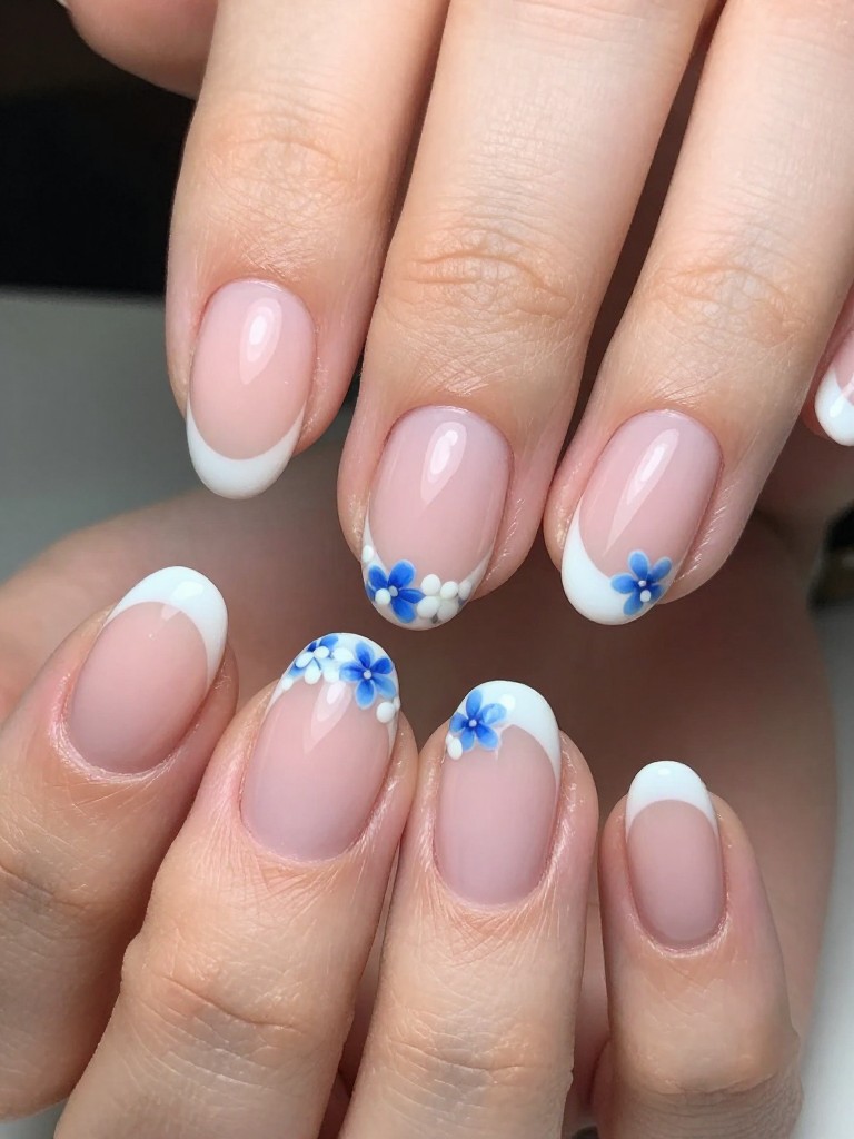 Close-up, overhead view of hands with a classic French gel manicure. At the crisp line where the pink meets the white, a tiny, precise line of blue and white micro-flowers is painted. The detail is exquisite and requires sharp focus to see.