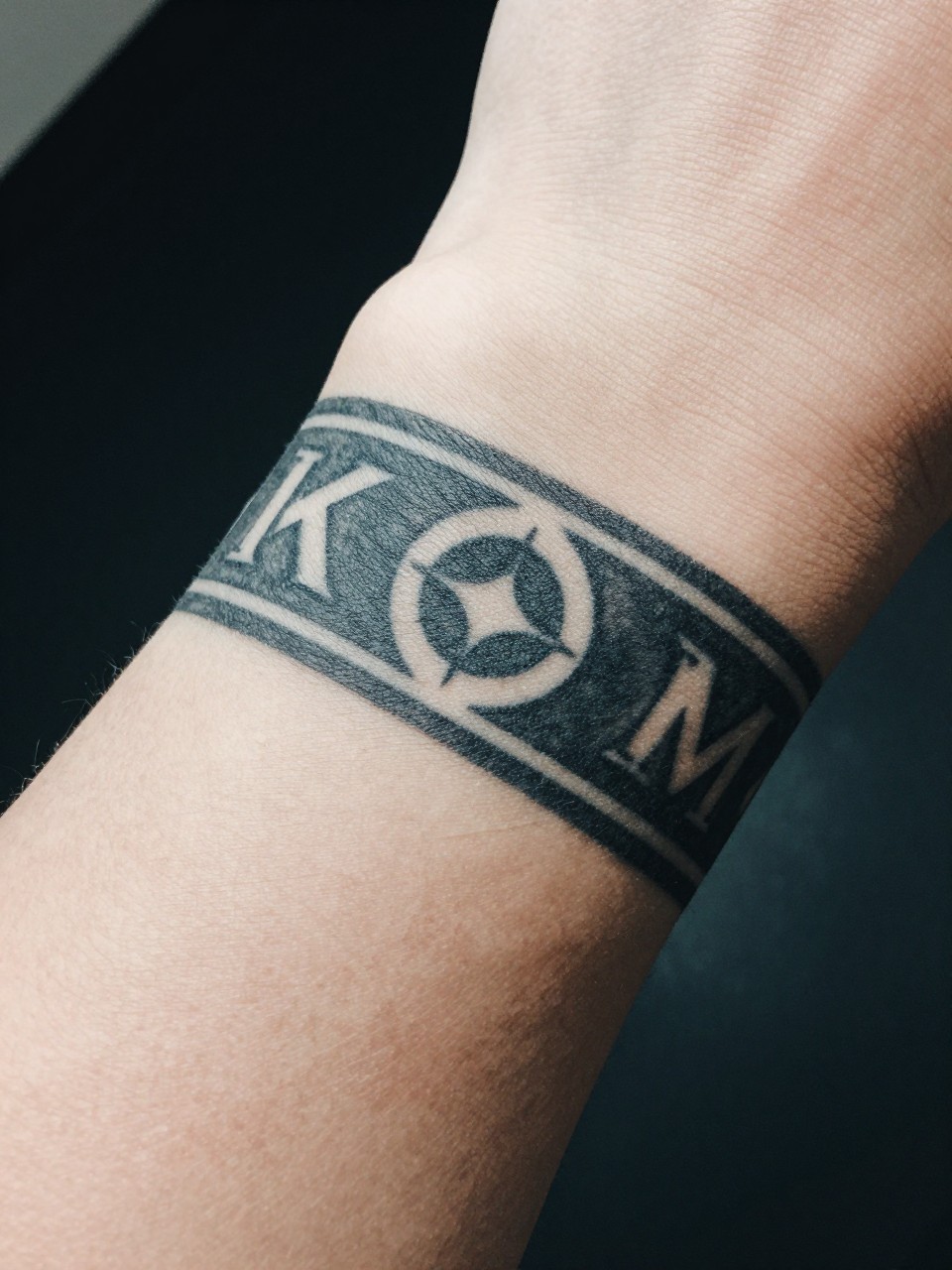 Close-up of a cuff tattoo on a wrist.