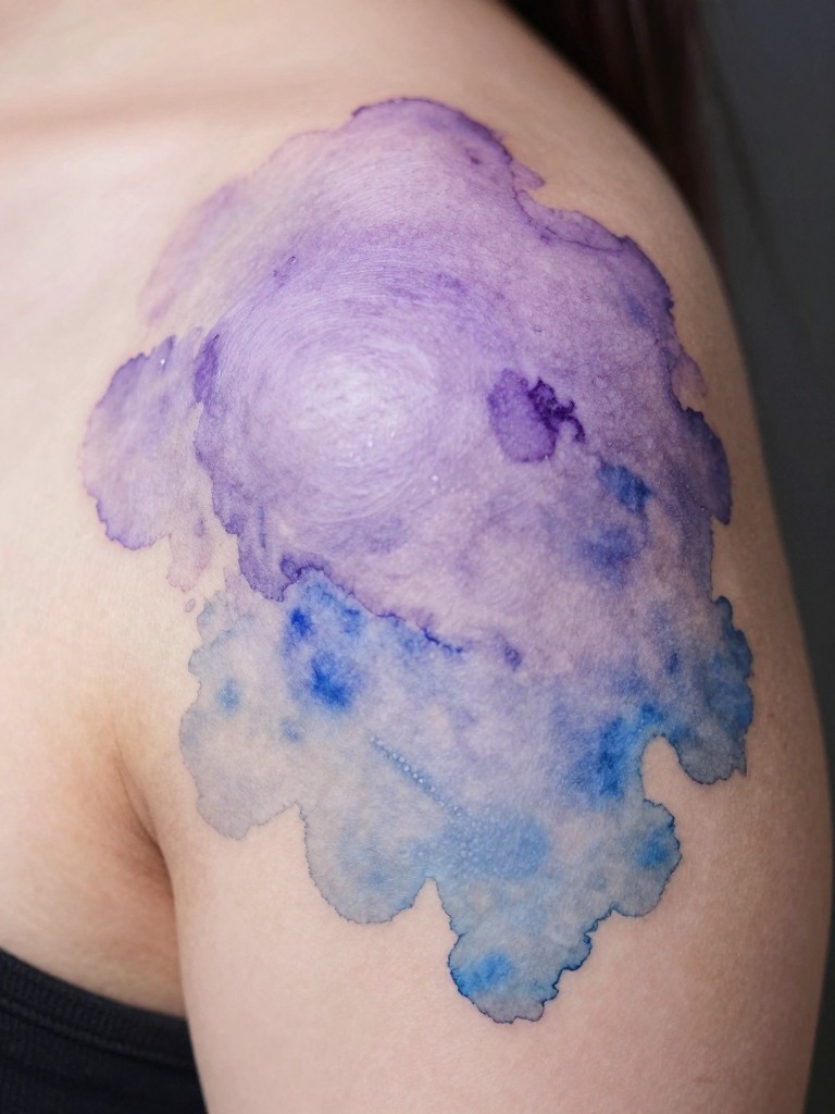 Macro detail shot of a watercolor tattoo blend on the shoulder blade, where soft lavender ink bleeds into a dusty blue. The colors are saturated and seamless, focusing on the pigment's texture and flow on the skin