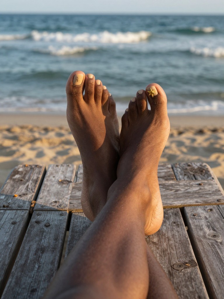 Overhead view of black skin feet propped up on a rustic wooden lounger, the ocean in the background. The toenails are a matte beige. A single gold star adorns each big toe. Late afternoon light provides a warm glow.