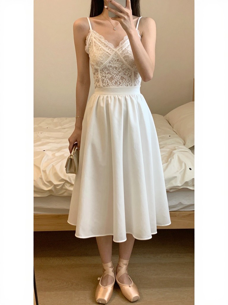 iPhone mirror selfie of a woman in a lace camisole tucked into a white circle skirt with ballet flats, holding a small clutch, cropped at NECK so face doesn't show, in a feminine-themed bedroom, warm moody lighting, iPhone photo quality.
