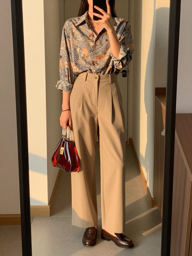 iPhone mirror selfie of a woman in a patterned button-up tucked into beige wide leg pants with brown loafers, holding a cognac bag, standing straight with phone down, cropped at NECK so face doesn't show, in a city apartment entryway, evening golden hour, iPhone photo quality.
