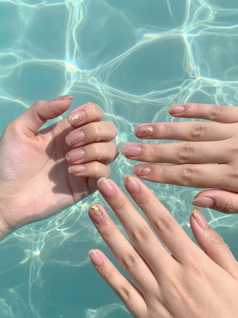  Top-down view of hands in clear, shallow turquoise water. The oval nails are a sheer pink jelly with scattered gold leaf flakes. Dappled sunlight through the water makes the gold shimmer.