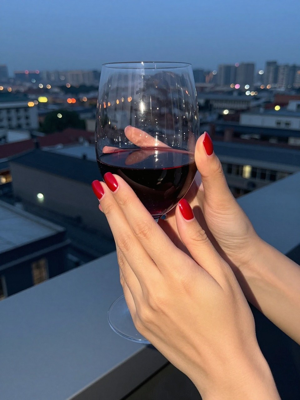 Overhead view of hands clasping a glass of red wine on a rooftop bar at dusk. The nails are short, rounded, and painted a high-gloss, vibrant red. The city lights begin to twinkle in the background.