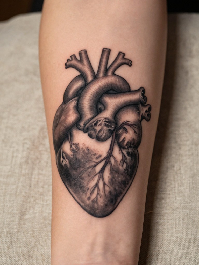Extreme macro close-up of a realistic anatomical heart tattoo on a woman's inner forearm, detailed with veins and arteries in soft black and grey. The hand rests on aged linen. Warm, diffused studio lighting. Honest and beautiful.