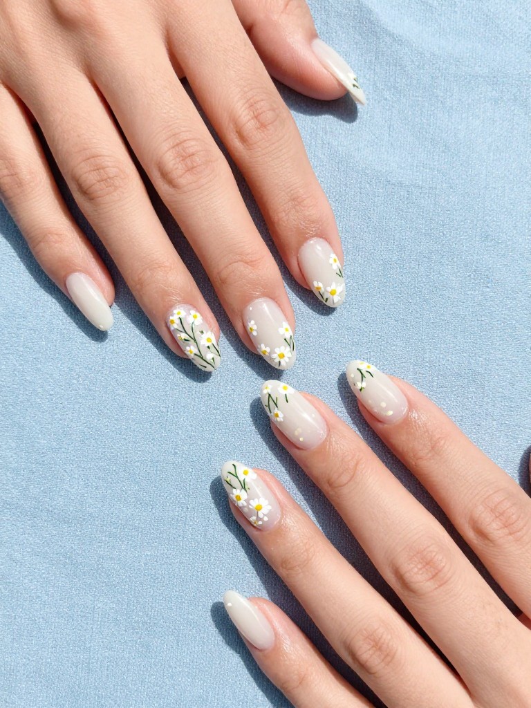  Overhead, top-down view of feminine hands with almond-shaped gel nails resting on a light blue linen cloth. The nails have a milky white base. A sparse field of tiny white daisies with yellow dots and thin green stems is hand-painted across each nail. The lighting is bright and clean, showcasing the glossy gel finish and fine details.