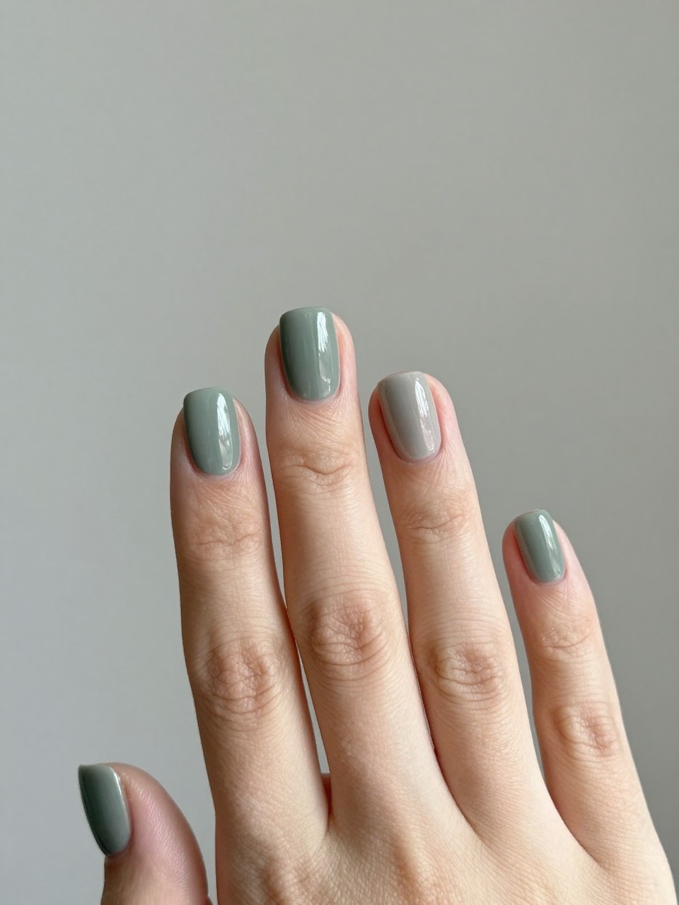 Birds view of hand with short, square nail set in sage green. 