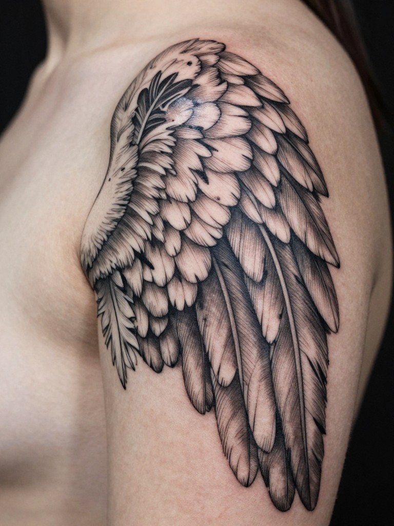 Close-up tattoo detail of the connection between a goddess's shoulder and the base of a massive, feather-textured wing. Individual feathers are rendered with fine lines and soft shading, creating a sense of depth and softness."