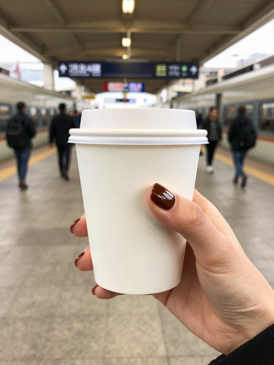  Overhead view of hands holding a paper cup of coffee at a train station. The nails are short and oval, in a glossy, deep brown. The setting is a bustling station with warm, artificial lighting.