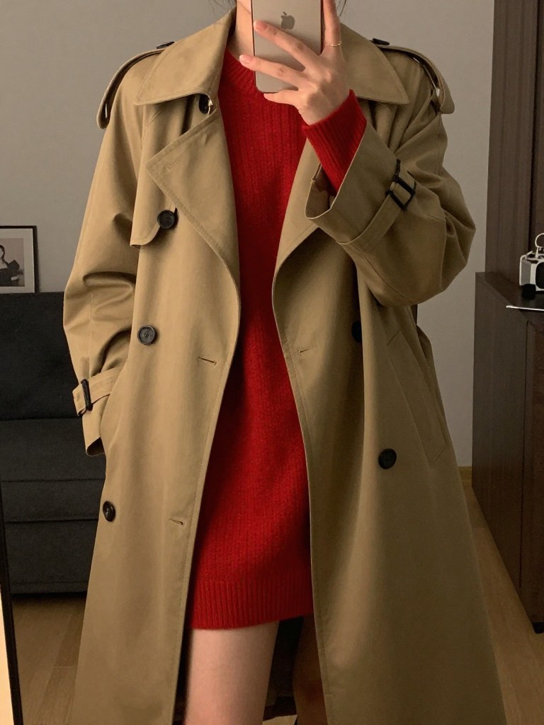 iPhone mirror selfie of a woman in a red sweater dress under a trench coat, with coat open, cropped at the neck so face doesn't show, in a city apartment, warm moody lighting, iPhone photo quality.