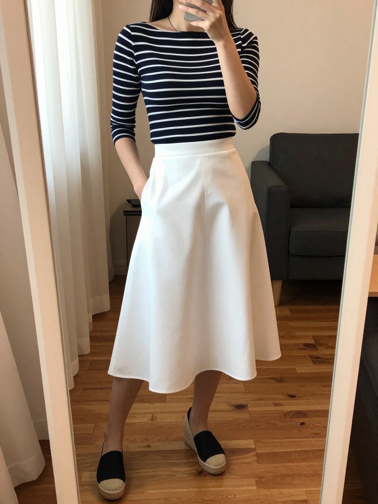 iPhone mirror selfie of a woman wearing a fitted navy striped boatneck tucked into an A-line white skirt with espadrille wedges, standing casually with one hand in pocket, cropped at NECK so face doesn't show, in a bright city apartment, warm moody lighting, iPhone photo quality.