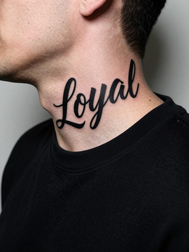 Close-up of a bold script tattoo on the side of a man's neck. The word 'Loyal' in a strong, black font is the sharp focal point. He's wearing a simple, black crewneck sweatshirt. Harsh, directional lighting that creates contrast and makes the letters stand out.