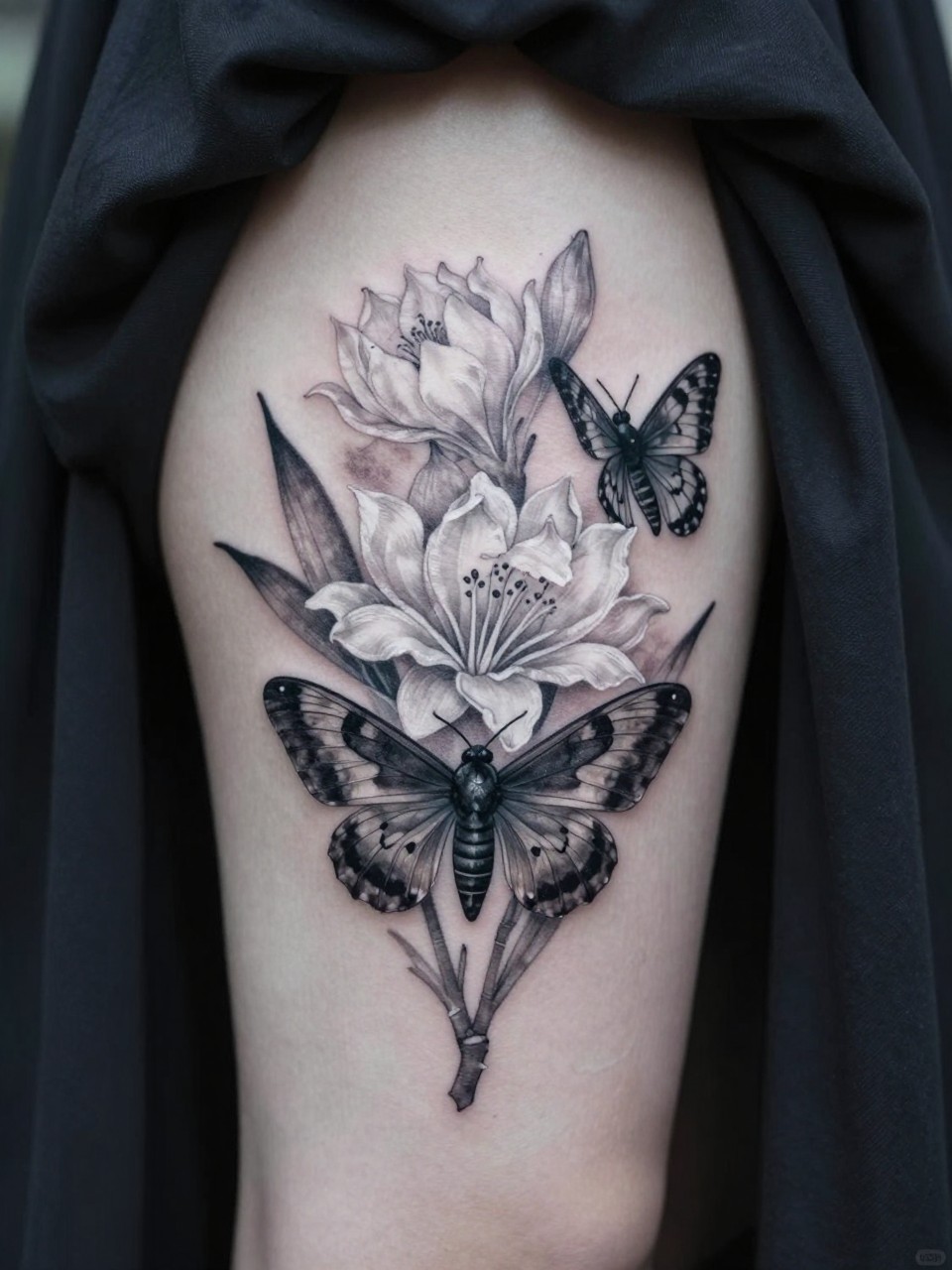 Extreme close-up of moonflowers and moths tattoo on the thigh. The moonflowers are white with dark shadows, the moths are detailed with intricate wing patterns in blacks and greys. She's wearing a dark flowy skirt. Soft, moonlight-inspired lighting, ethereal and gothic vibe.