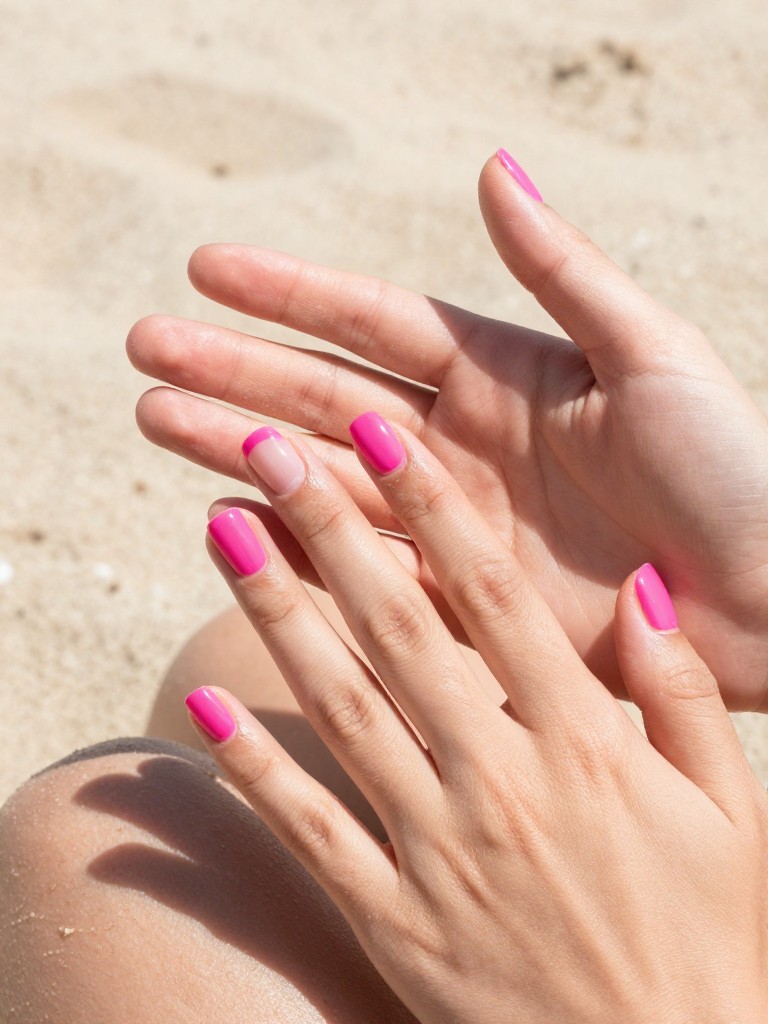 Close-up overhead view of hands applying sunscreen. The natural nails are glossy. A bold, hot pink stripe covers the tips. The setting is a bright, sandy beach.