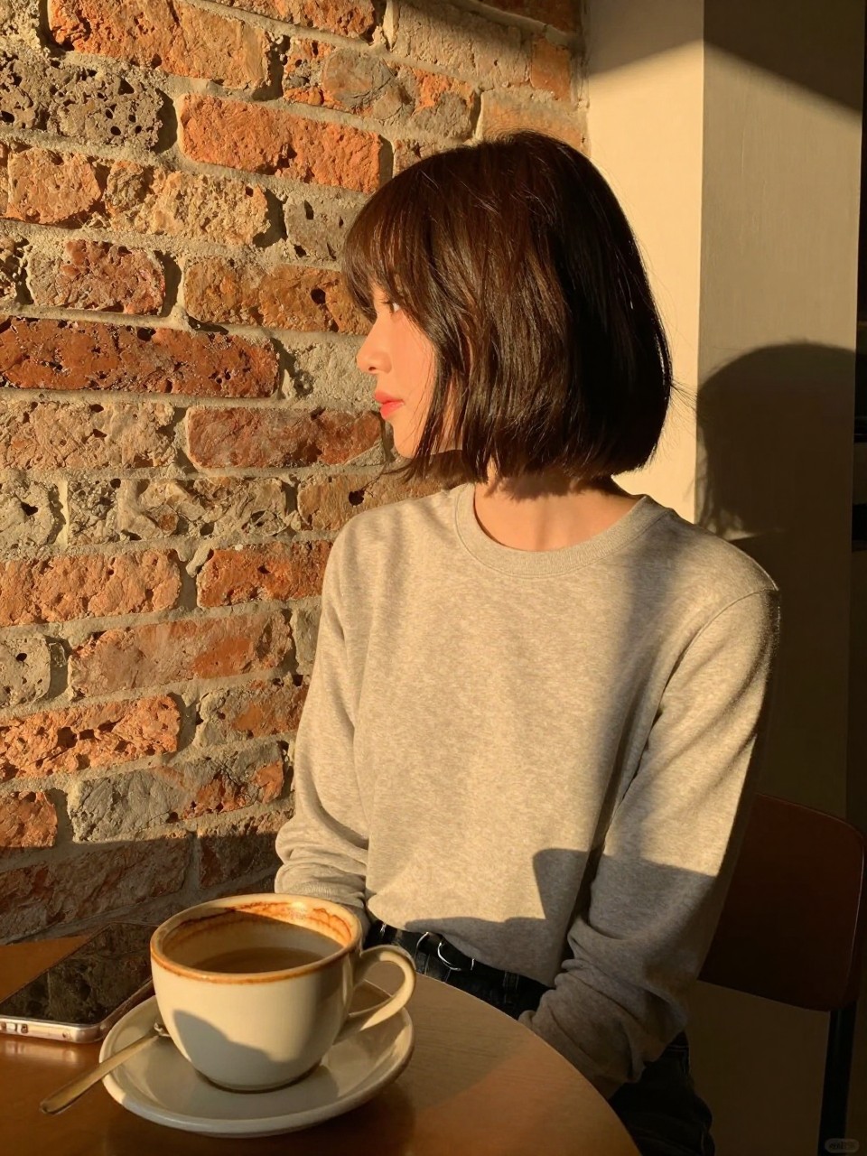 Photo of textured bob with curtain bangs, three-quarter angle shot, in a cozy coffee shop with exposed brick wall, warm golden hour light creating soft shadows, containing a half-empty ceramic coffee cup on the table, iPhone photo quality.