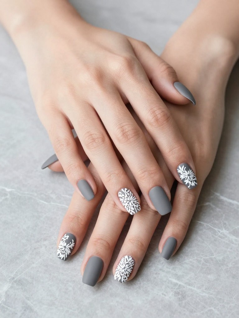 Hands resting on a sleek, grey marble surface. The gel nails are a matte charcoal grey. An elaborate, intricate white floral pattern covers each nail like lace. The contrast is sharp, elegant, and gallery-worthy.
