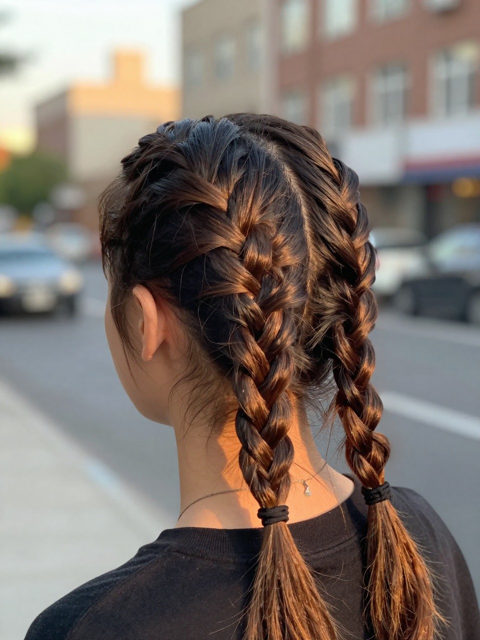 Photo of a american teen girl wearing a double Dutch braid pony, back-of-head view showing both braids meeting at the ponytail, setting: a blurred city street background, lighting: soft golden hour light, iPhone photo quality.