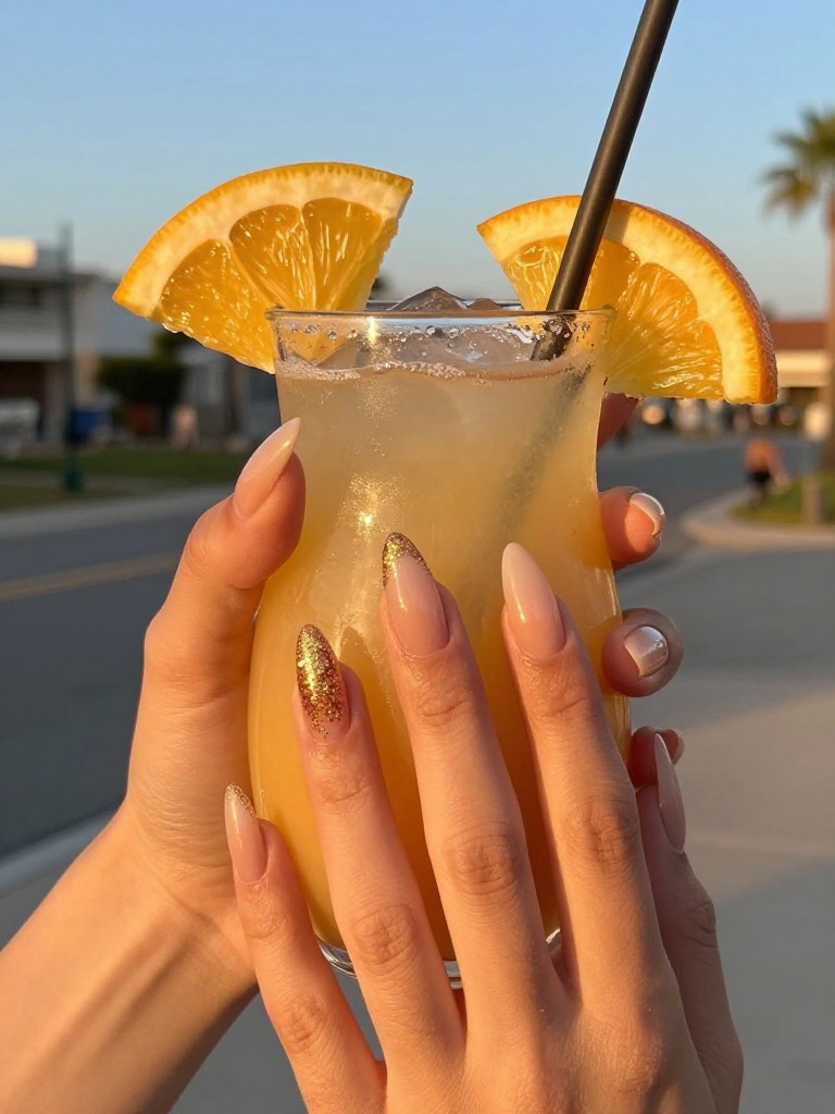 Top-down view of hands holding a tropical cocktail at golden hour. The almond nails feature a soft blush ombré. The tips sparkle with concentrated gold glitter, catching the last of the sunset light.