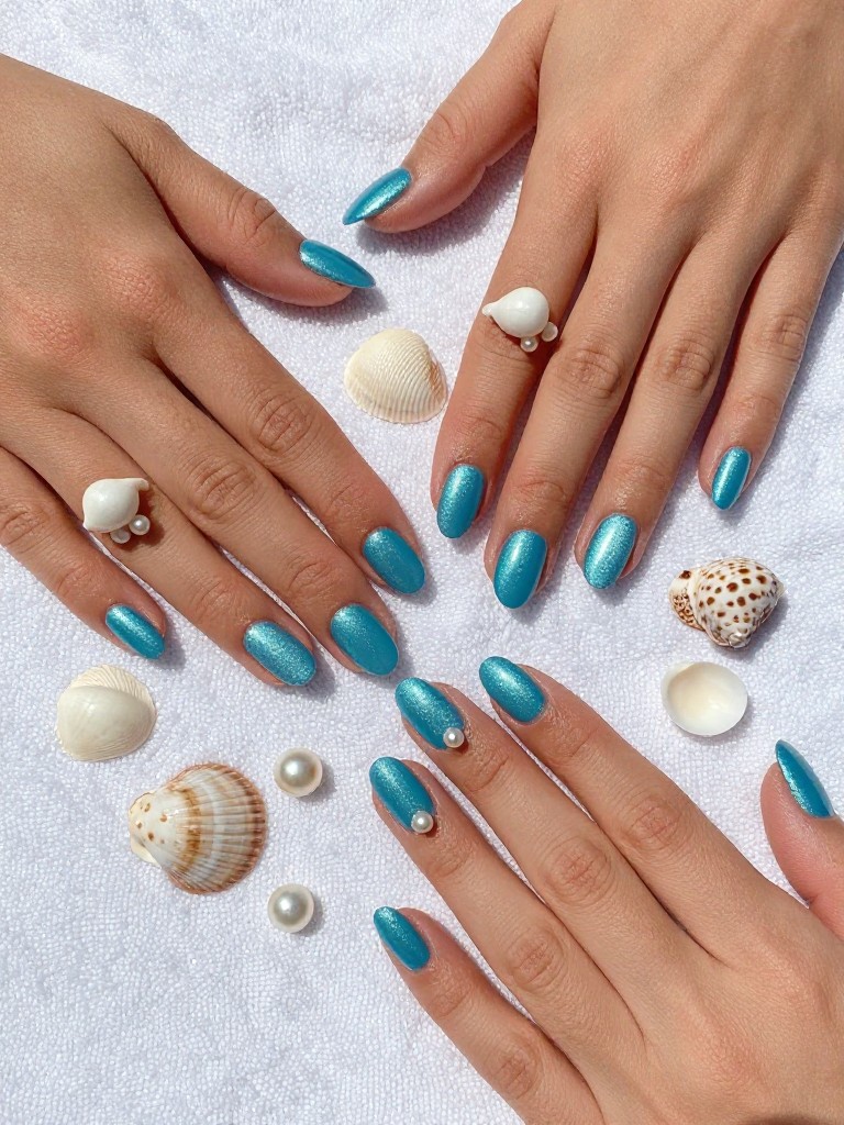 Bird's-eye view of hands over a collection of small seashells and pearls on a white towel. The oval nails are a shimmery turquoise blue. Each ring finger has an inlaid piece of a real, tiny white shell and two micro-pearls. Sunlight makes the shimmer and textures shine.