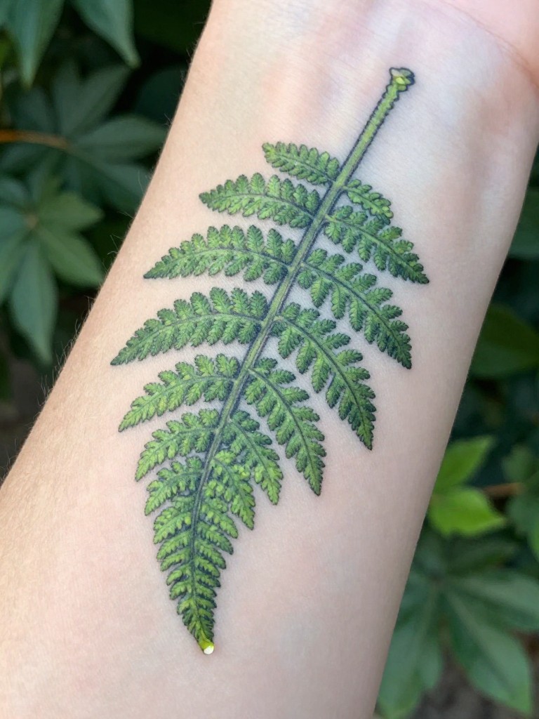 "Extreme close-up of a finely lined tattoo, curling fern frond tattoo on the inner wrist, looking as if it's slowly uncurling. A single, real dewdrop hangs from a nearby fingertip. Fresh, green, and vibrant focus."