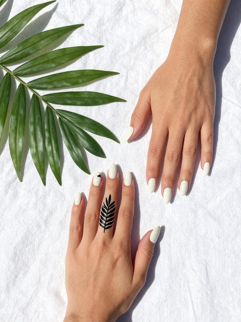 Bird's-eye view of hands resting on a white linen cloth, a single green palm frond lying beside them. The almond nails are a matte off-white. A simple, elegant black palm leaf silhouette is painted on each ring finger. Bright, midday island sun.