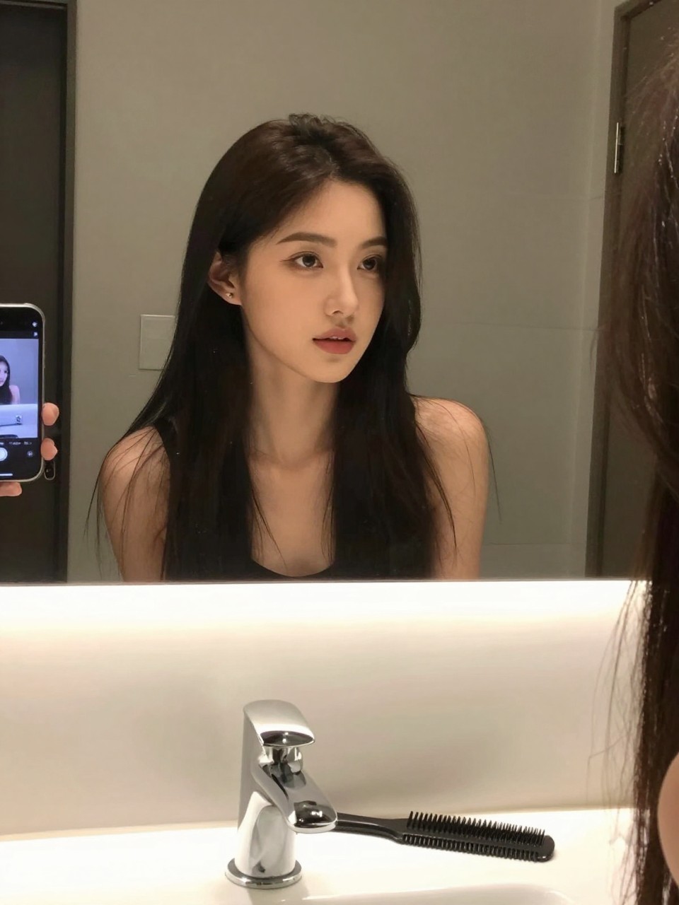 Photo of a woman wearing a deep side part, front-facing view, setting is a bathroom vanity mirror with soft indoor lighting, containing a comb on the counter, iPhone photo quality.