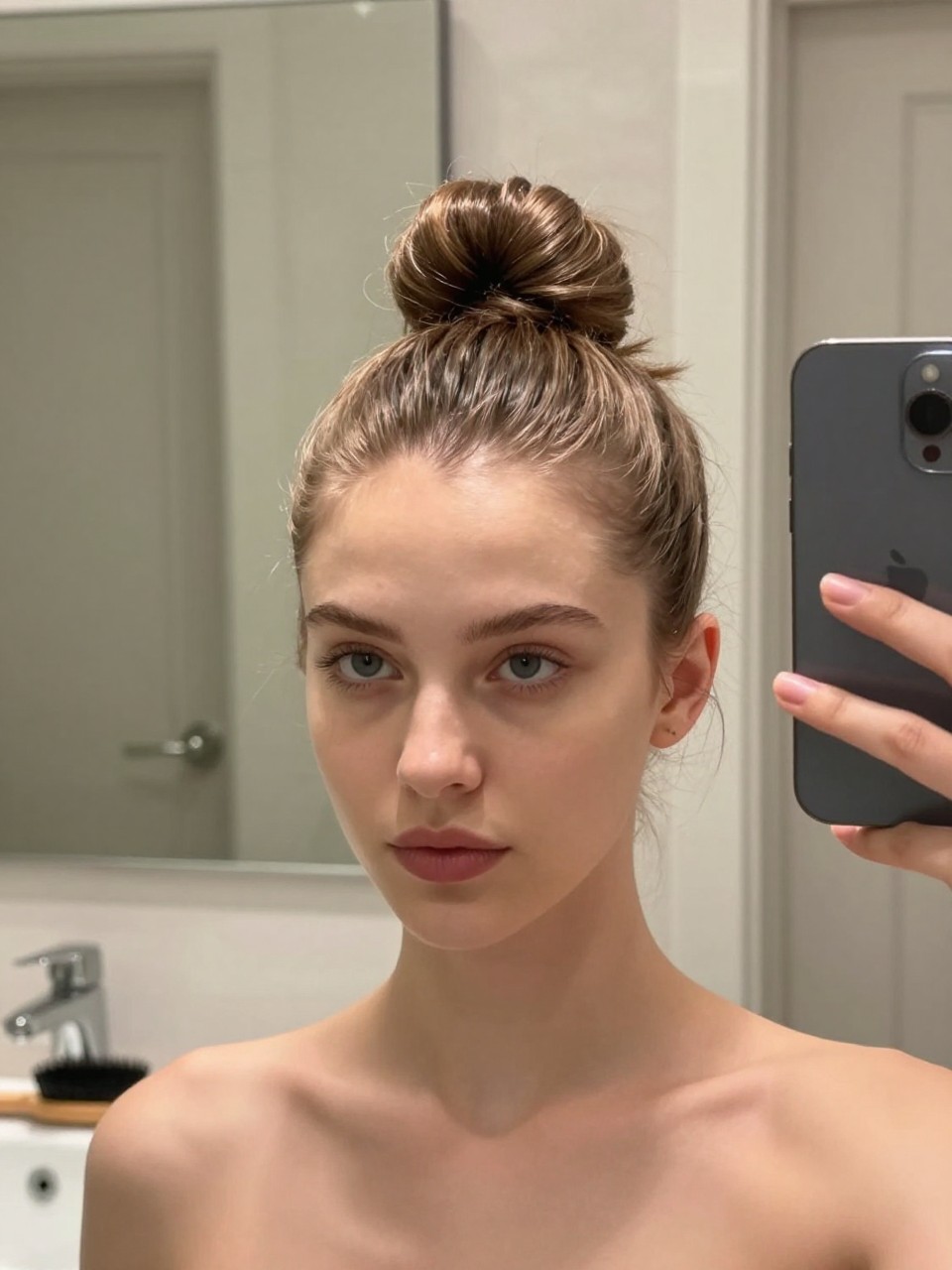Photo of a white girl wearing a curly top knot, front view showing the smooth bun and defined edges, in a bathroom with a mirror and soft indoor lighting, containing a boar bristle brush resting on the sink, iPhone photo quality.