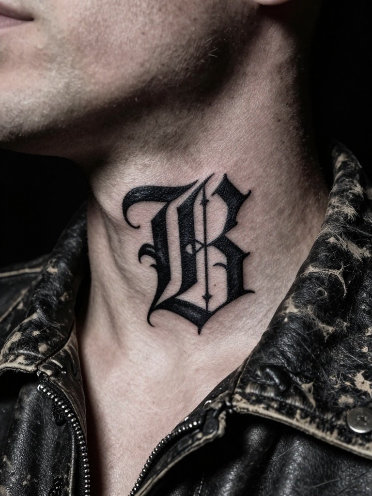 Close-up of a gothic font initials tattoo on the side of the neck. The intricate, bold letters are the sharp focus. He is wearing a worn leather jacket collar. Dramatic, moody lighting with deep shadows, creating a dark and masculine aesthetic.