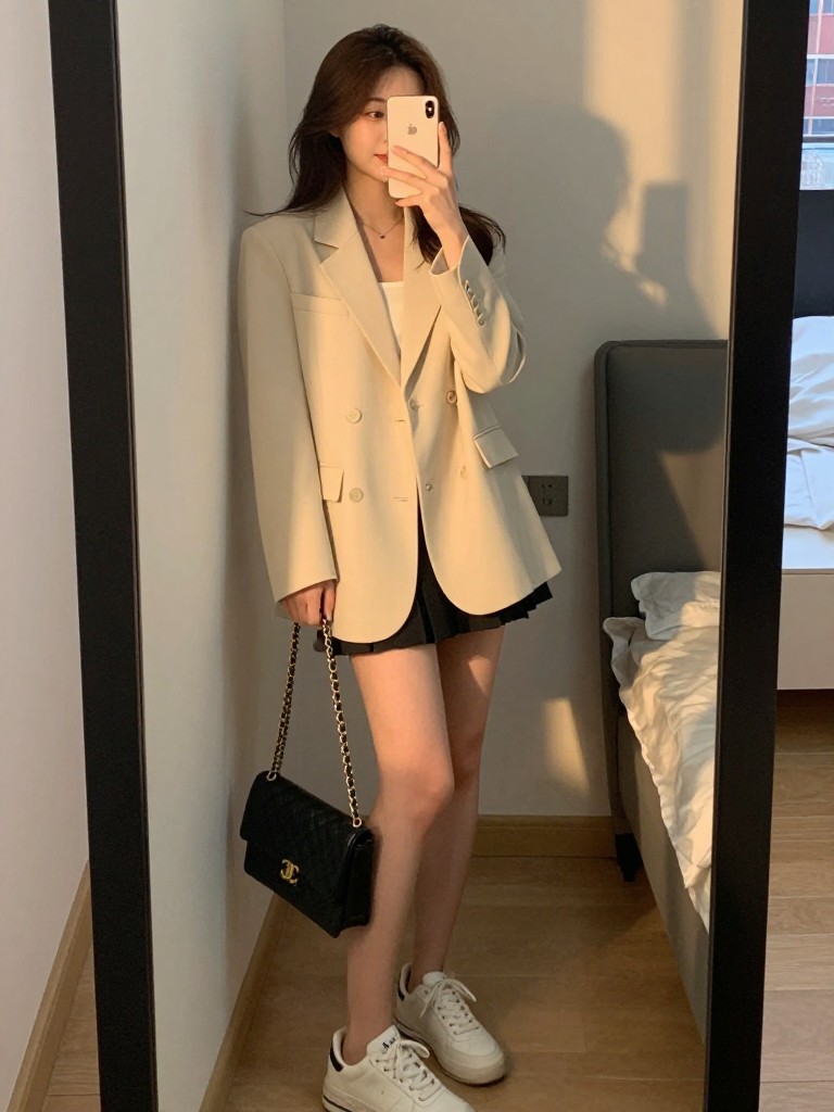 iPhone mirror selfie of a woman in a Cream Blazer & White Sneakers, holding a black chain bag, slight lean against a wall, in a cozy city apartment, evening golden hour, iPhone photo quality.