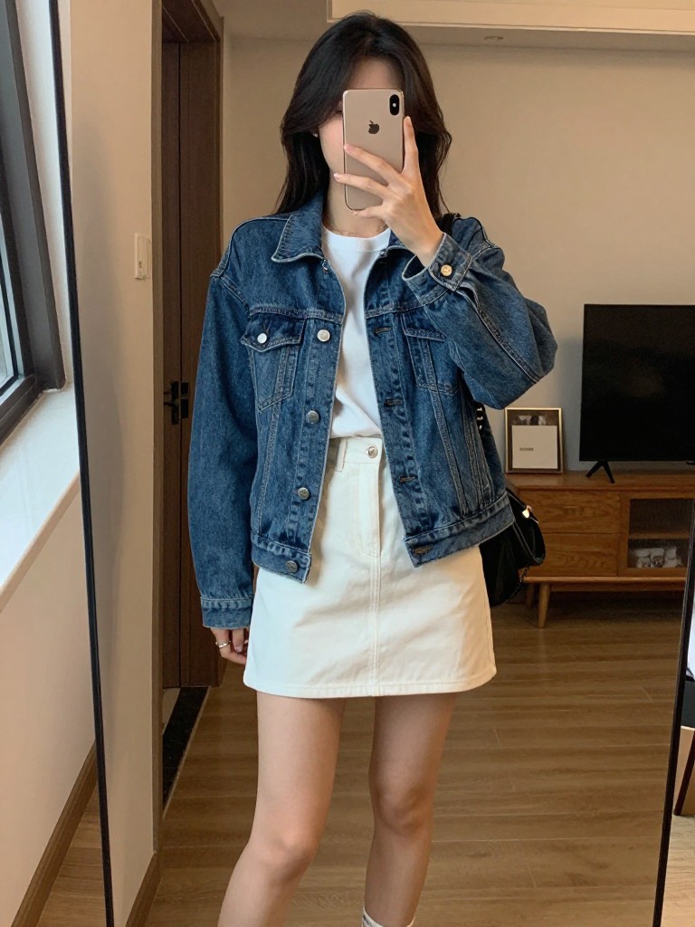 iPhone mirror selfie of a woman wearing a blue denim jacket over a white tee and white mini skirt with sneakers, holding phone in one hand, in a city apartment, warm moody lighting, iPhone photo quality.