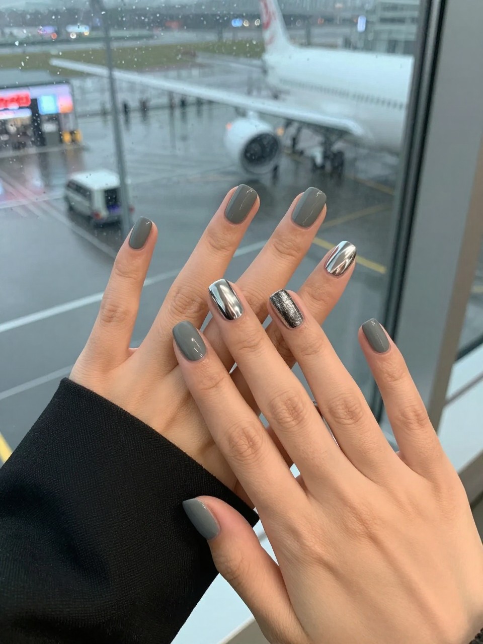 Bird's-eye view of hands on a rainy airport terminal window. Most nails are a matte charcoal grey. The ring fingers are a high-shine liquid chrome, reflecting the blurred lights outside. The mood is sleek and travel-ready.