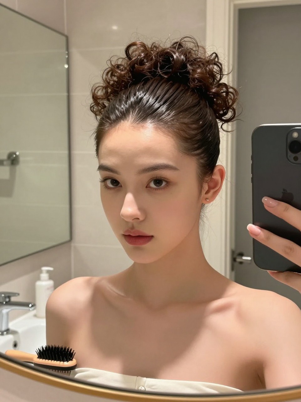 Photo of a white girl wearing sleek sides with a curly top, front view highlighting the contrast between smooth and textured hair, in a bathroom with a mirror and soft indoor lighting, containing an edge control brush on the sink, iPhone photo quality.