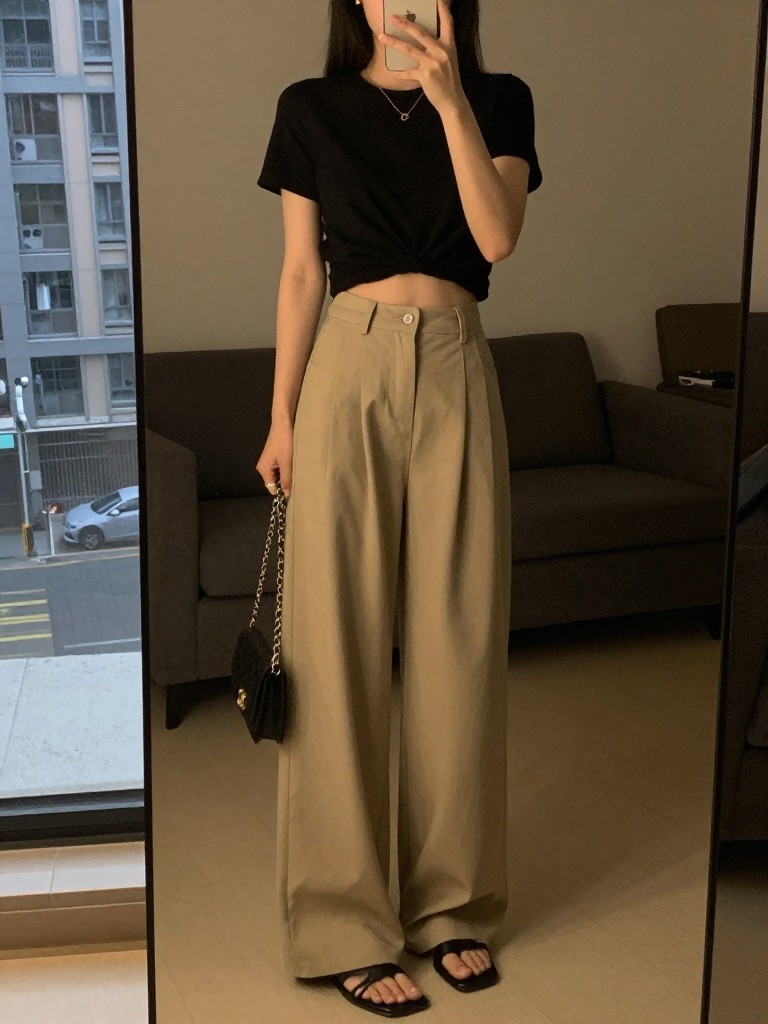 iPhone mirror selfie of a woman in a black cropped top and beige wide leg pants with black mules, holding a mini chain bag, hand on hip, in a city apartment, warm moody lighting, iPhone photo quality.