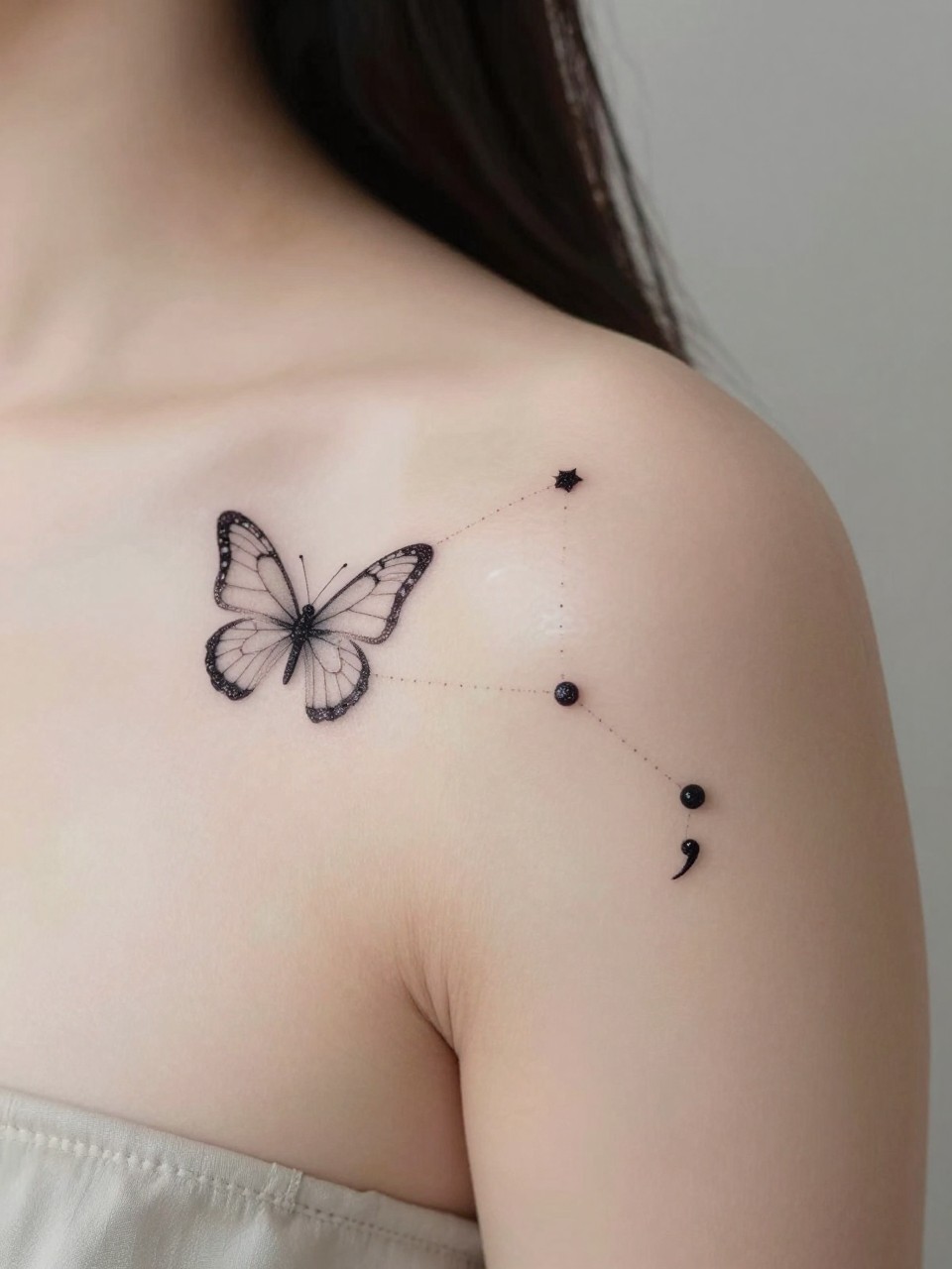 "Close-up of the shoulder: a dot-work butterfly constellation and a semicolon, connected by a thin line of three micro stars. Ethereal and cosmic connection."
