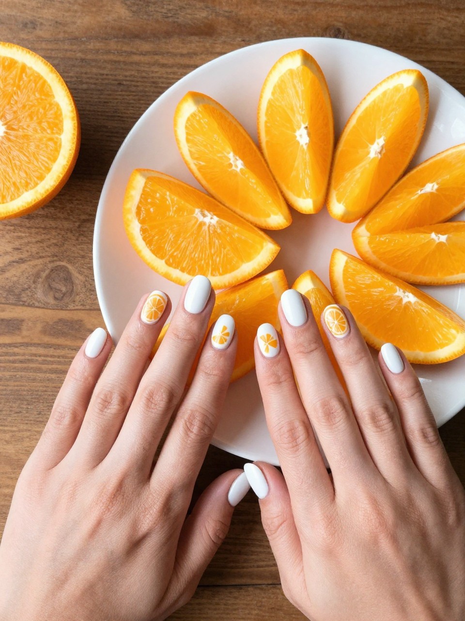 Top-down view of hands next to a plate of fresh orange slices at a brunch table. The nails are glossy white, each featuring a simple, cute orange slice painting. The mood is fresh and cheerful.
