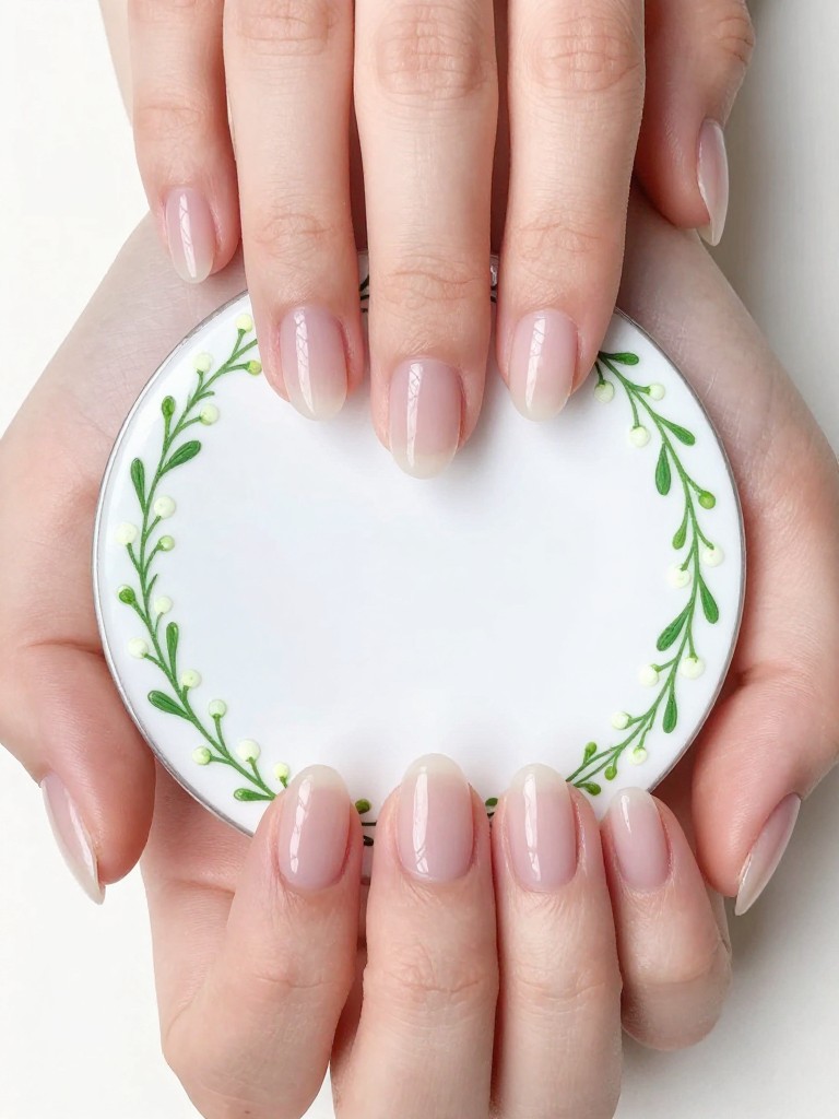 Top-down view of hands with clean, oval nails. The design features a central negative space window, framed by clear gel. A delicate green vine with tiny white buds is painted along the frame's inner edge. The look is minimalist, feminine, and bright.