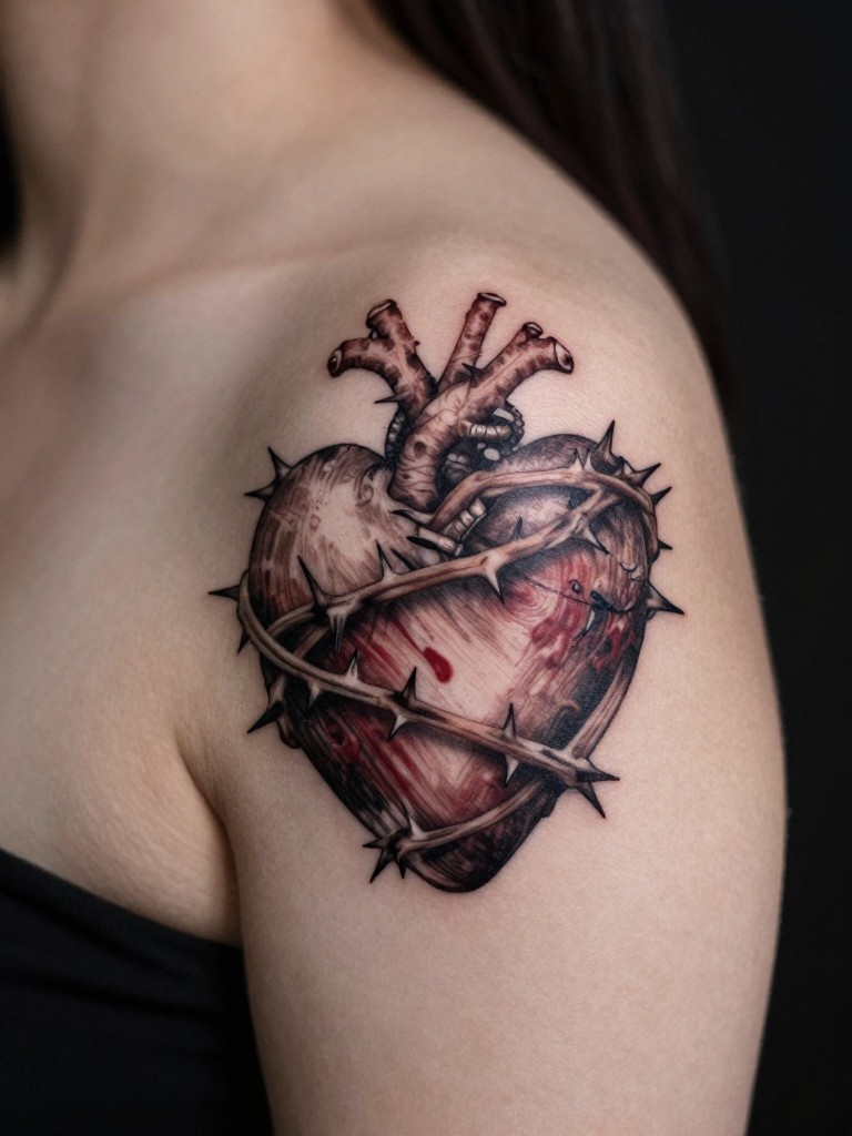 Macro shot of a heart tattoo wrapped tightly in a thorny vine on a woman's shoulder, thorns detailed and pressing against the heart. Soft, dramatic side lighting. Powerful and protective.