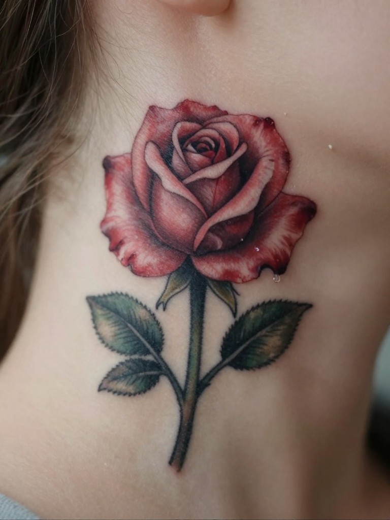 Extreme macro close-up of a bowed rose tattoo on a woman's side of the neck, with a single drop falling from the lowest petal like a tear. Soft, melancholic lighting. Emotional and delicate