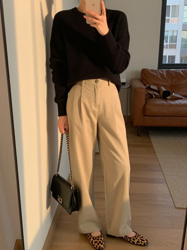 iPhone mirror selfie of a woman in a black sweater tucked into beige wide leg pants with leopard flats, holding a black chain bag, slight lean against a wall, cropped at NECK so face doesn't show, in a cozy city apartment, evening golden hour, iPhone photo quality.
