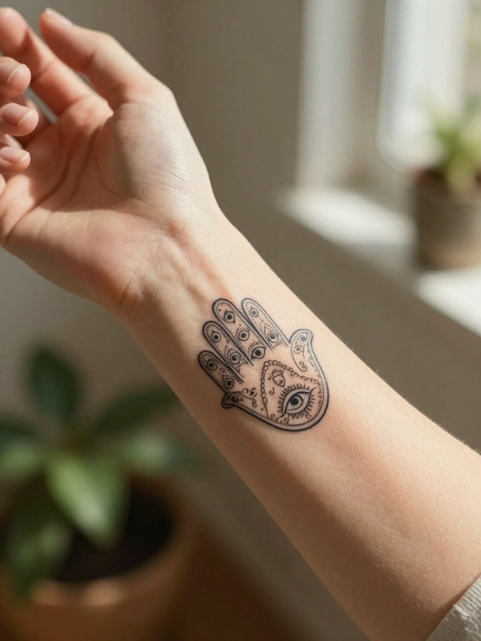 Image Prompt: "Macro shot of a Hamsa cuff tattoo on a forearm. Delicate hands repeat in a band, each with a tiny eye detail. The arm is stretched out in a sunlit room with plants nearby. Warm, peaceful lighting."