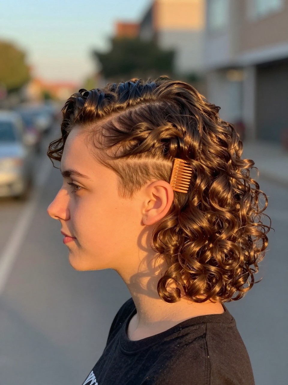 Photo of a white girl wearing side-swept curls, side profile view highlighting the deep side part and volume at the crown, in golden hour lighting against a blurred street, containing a small rattail comb tucked behind her ear, iPhone photo quality.