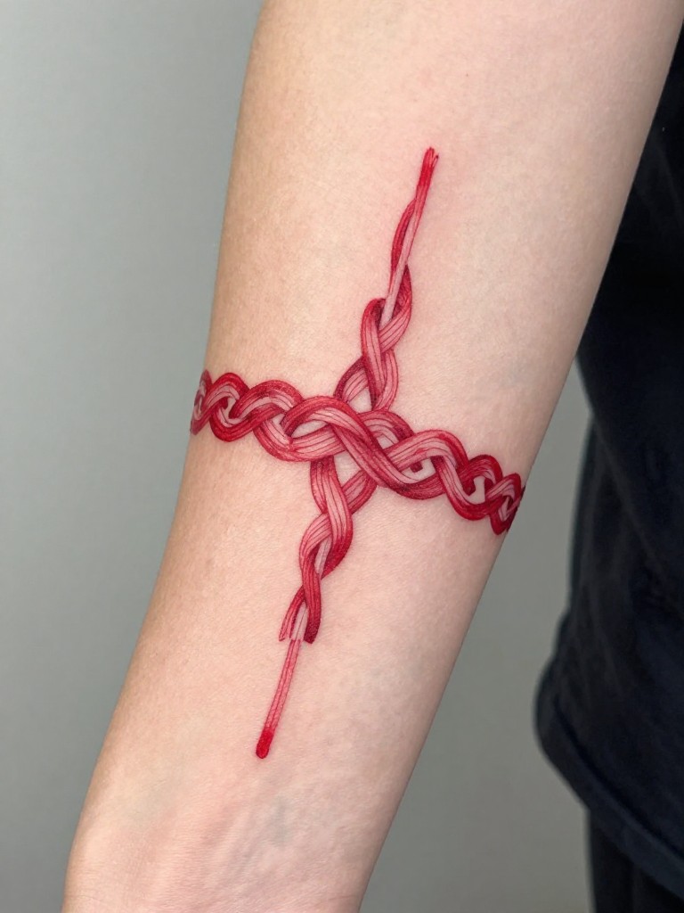 "Close-up tattoo design that i drawn like a weaving thread on the forearm. The thread is colored red. Focus on the tattoo art connection and binding. 